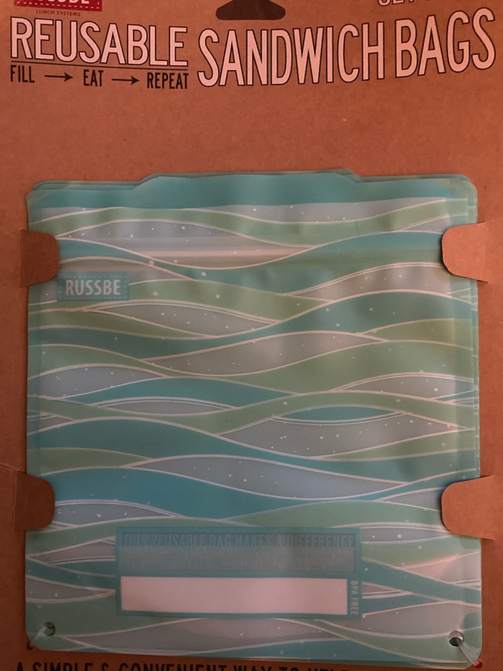 Russ Reusable Sandwich Bags Teal Blue Green Wave Pattern (Set by of 4)